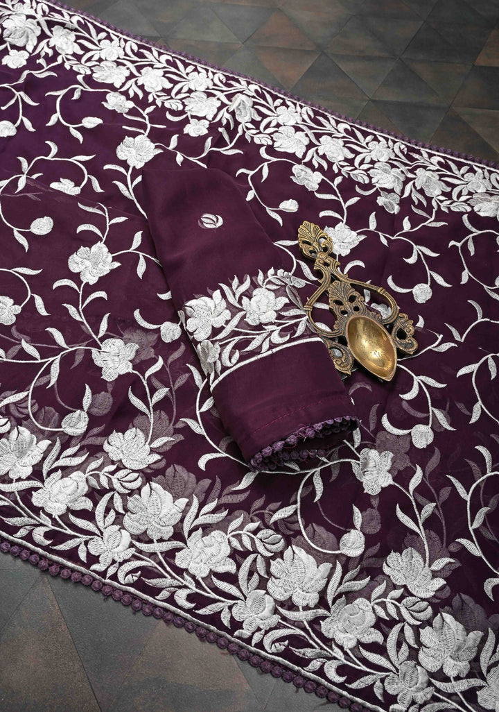 Parsi Gara Design Machine Embroidery on Purple Georgette | SILK MARK CERTIFIED