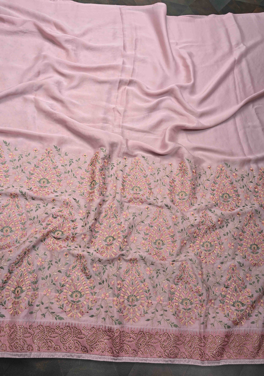 Dusty Pink Crepe Georgette Silk Saree with Stone Work And Machine Embroidery
