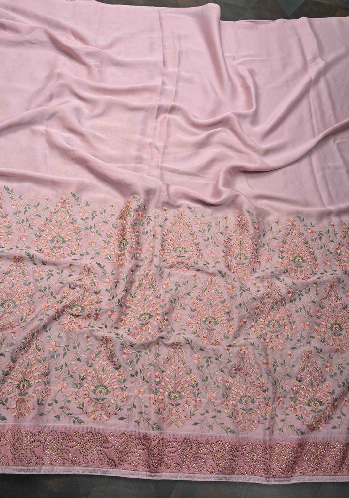 Dusty Pink Crepe Georgette Silk Saree with Stone Work And Machine Embroidery