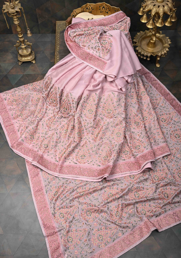 Dusty Pink Crepe Georgette Silk Saree with Stone Work And Machine Embroidery