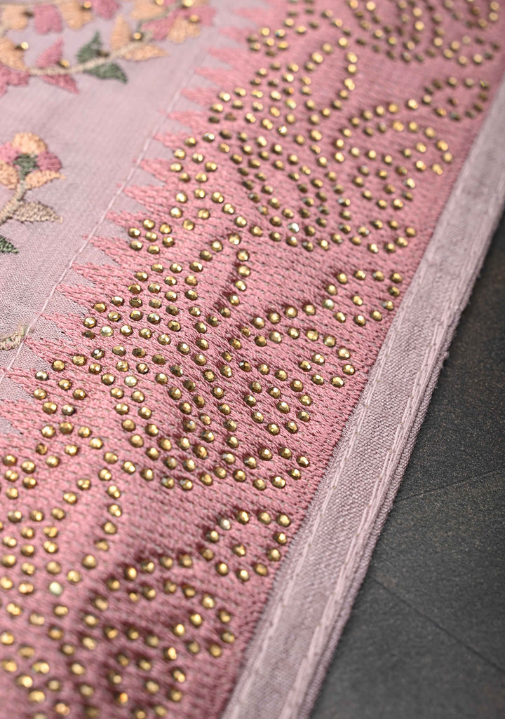Dusty Pink Crepe Georgette Silk Saree with Stone Work And Machine Embroidery
