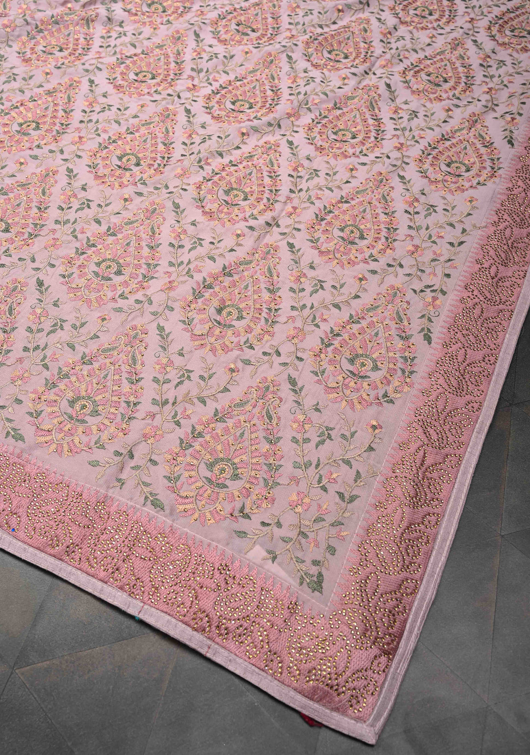 Dusty Pink Crepe Georgette Silk Saree with Stone Work And Machine Embroidery