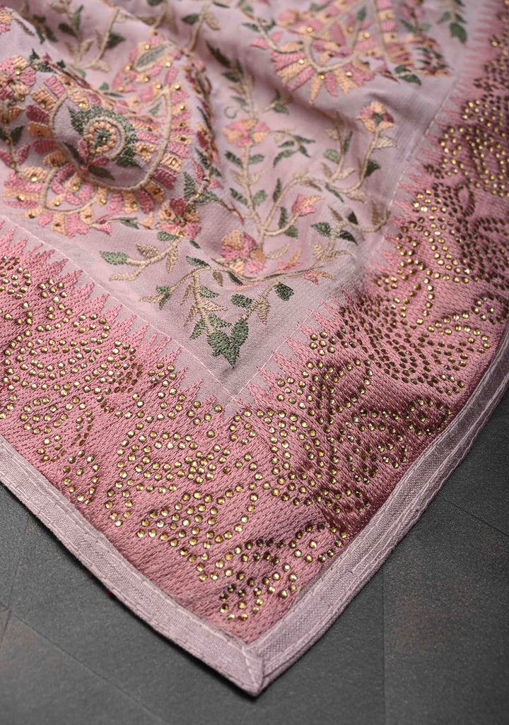 Dusty Pink Crepe Georgette Silk Saree with Stone Work And Machine Embroidery