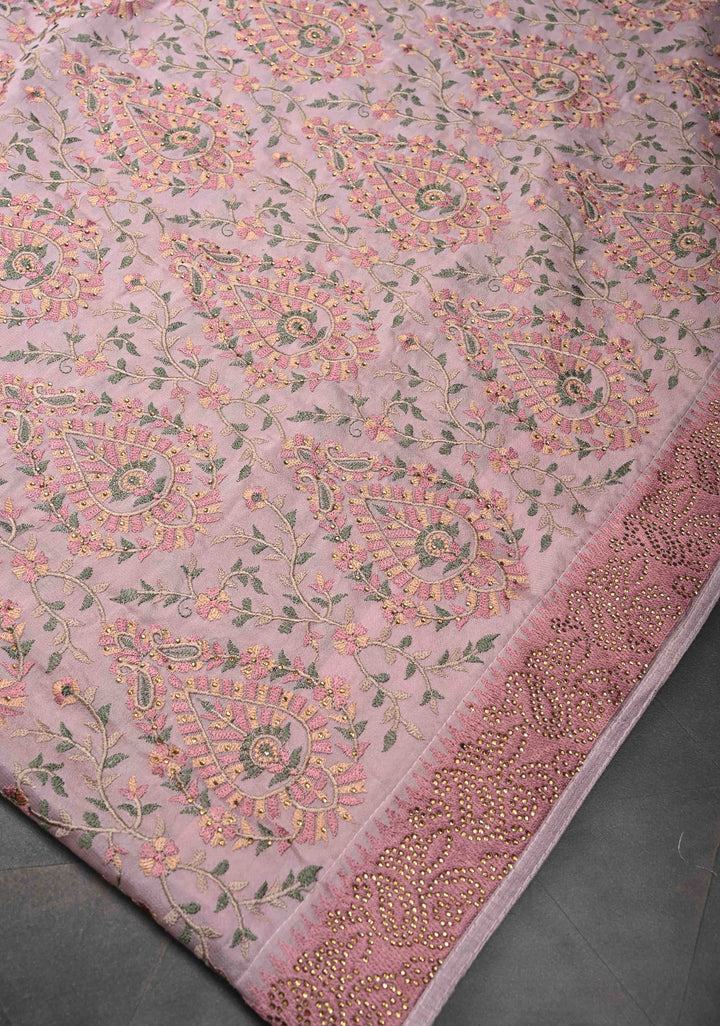 Dusty Pink Crepe Georgette Silk Saree with Stone Work And Machine Embroidery