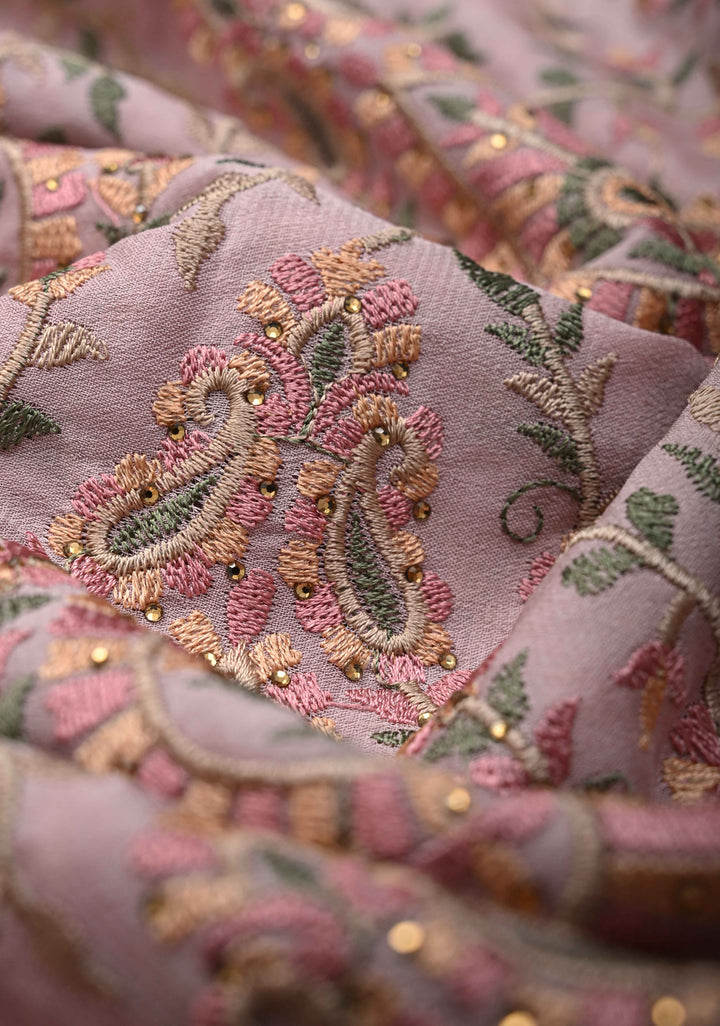 Dusty Pink Crepe Georgette Silk Saree with Stone Work And Machine Embroidery