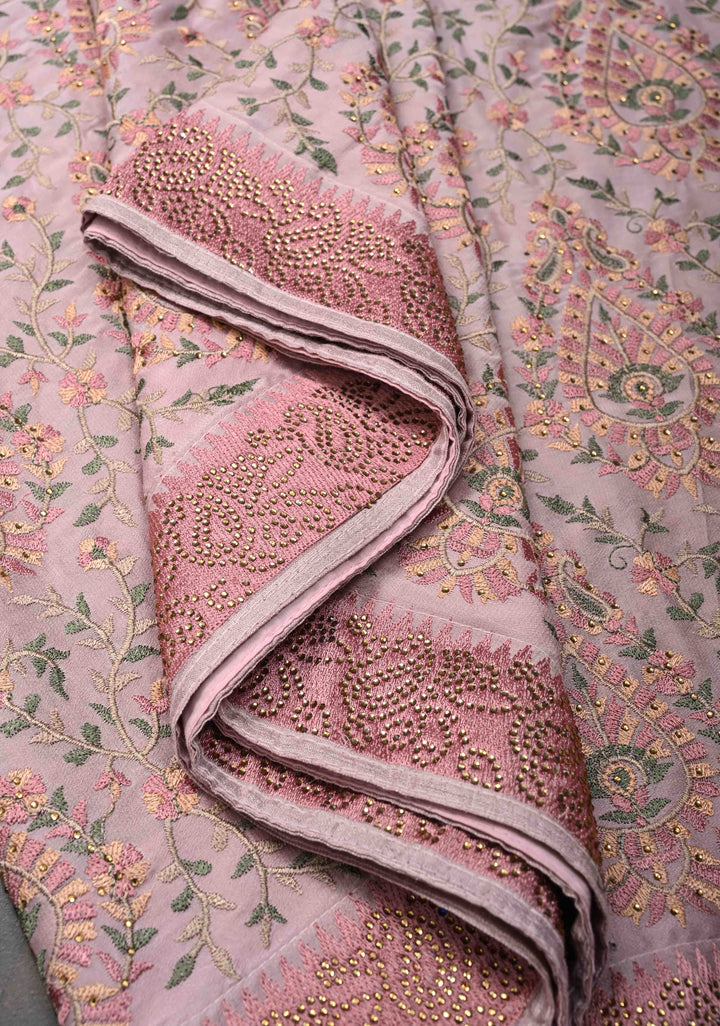 Dusty Pink Crepe Georgette Silk Saree with Stone Work And Machine Embroidery