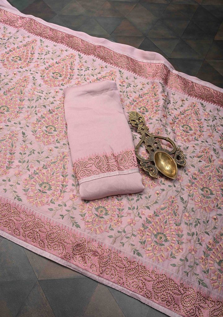 Dusty Pink Crepe Georgette Silk Saree with Stone Work And Machine Embroidery