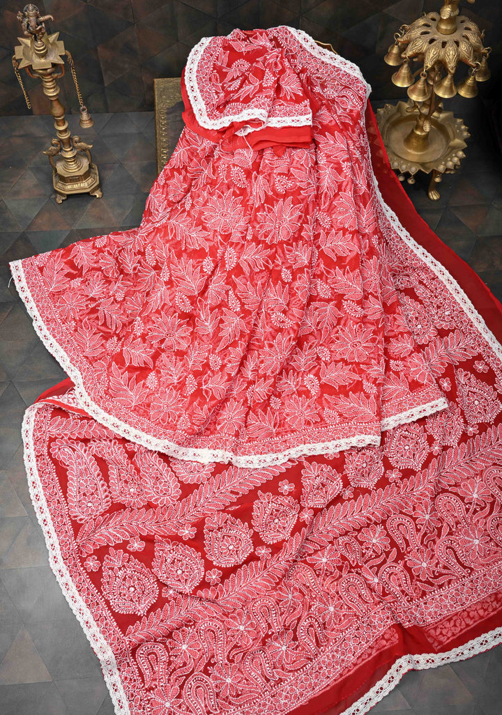 Authentic Red Hand-Embroidered Full Jaal Chikankari Georgette Saree with Lace Border