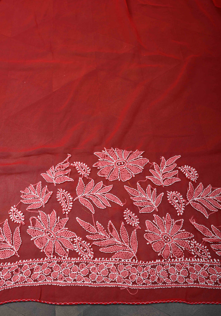 Authentic Red Hand-Embroidered Full Jaal Chikankari Georgette Saree with Lace Border