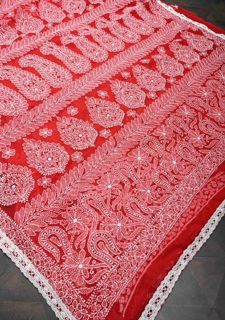 Authentic Red Hand-Embroidered Full Jaal Chikankari Georgette Saree with Lace Border