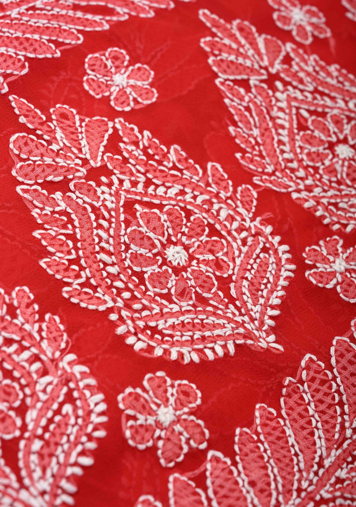Authentic Red Hand-Embroidered Full Jaal Chikankari Georgette Saree with Lace Border