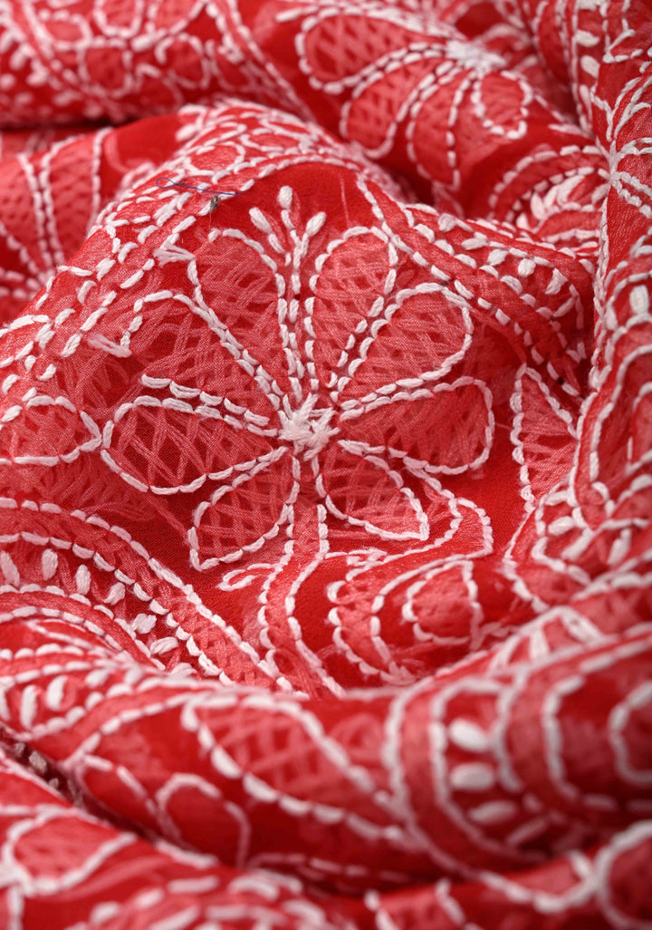 Authentic Red Hand-Embroidered Full Jaal Chikankari Georgette Saree with Lace Border