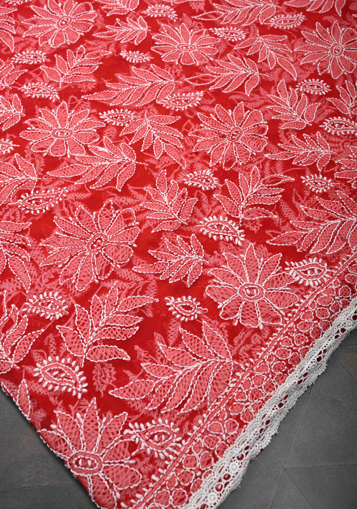 Authentic Red Hand-Embroidered Full Jaal Chikankari Georgette Saree with Lace Border