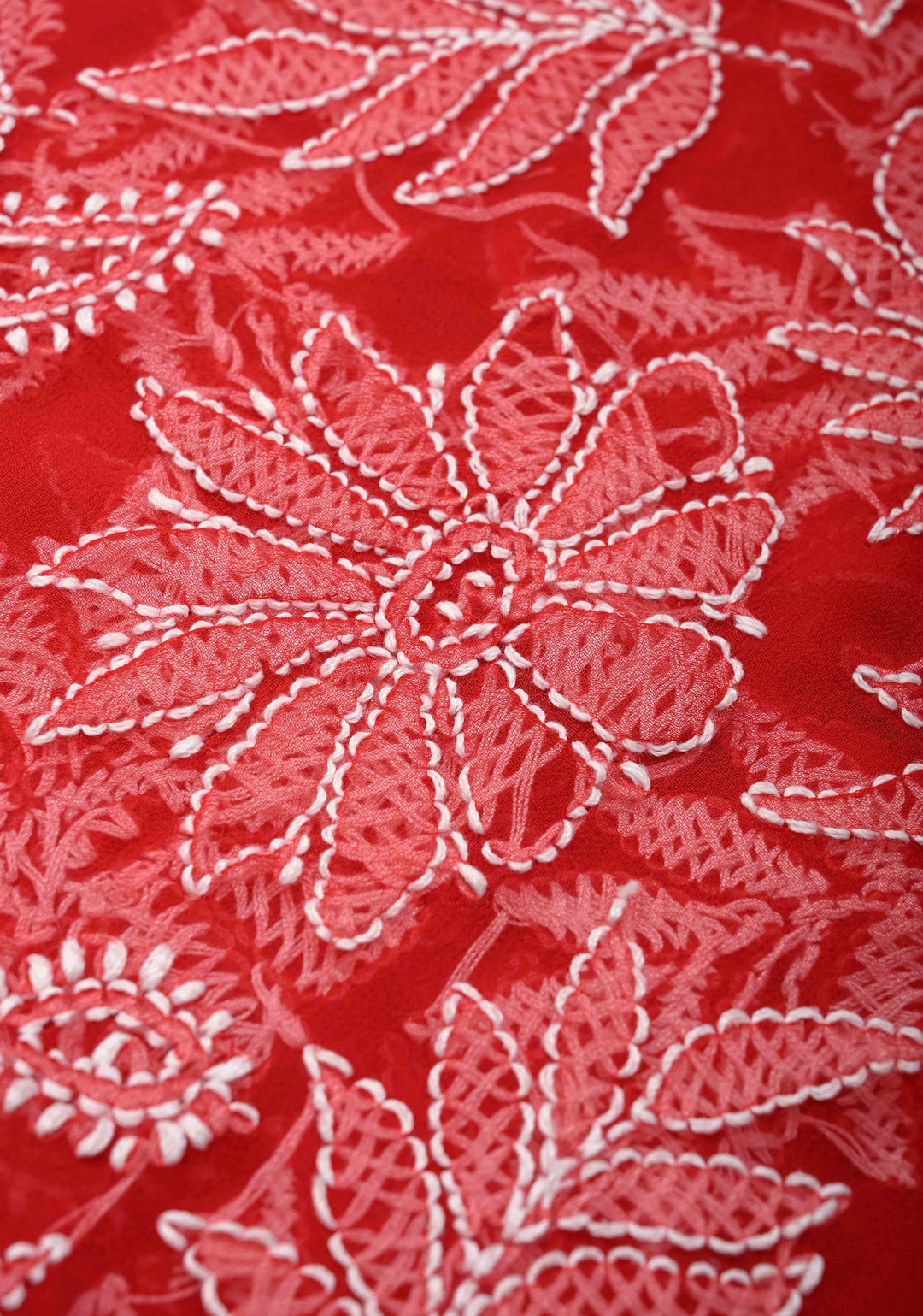 Authentic Red Hand-Embroidered Full Jaal Chikankari Georgette Saree with Lace Border