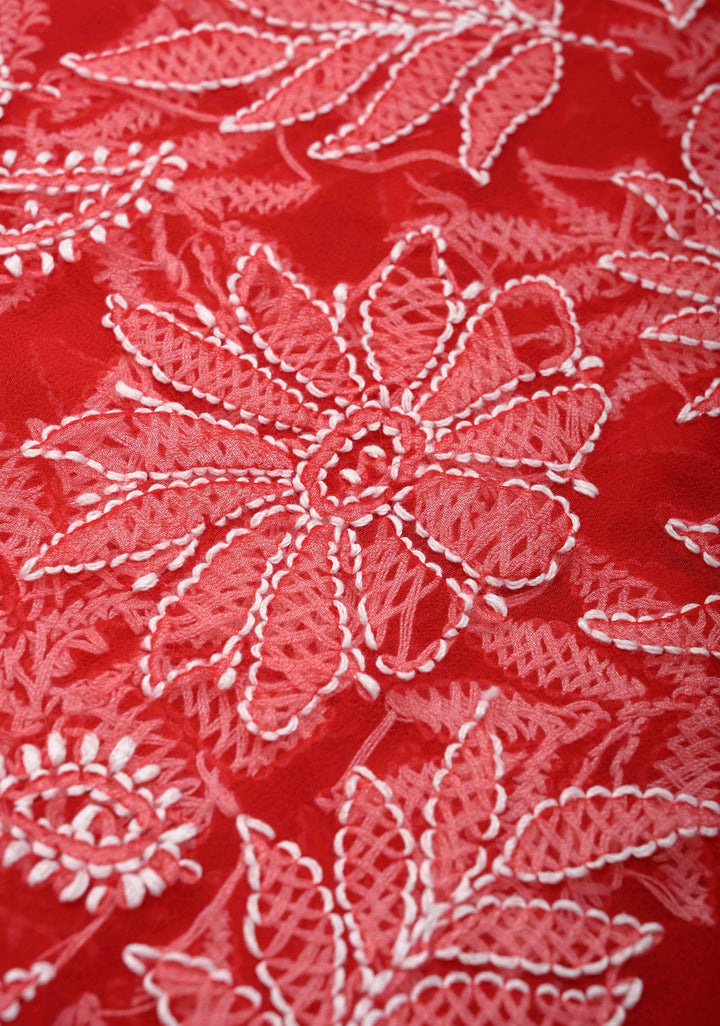Authentic Red Hand-Embroidered Full Jaal Chikankari Georgette Saree with Lace Border
