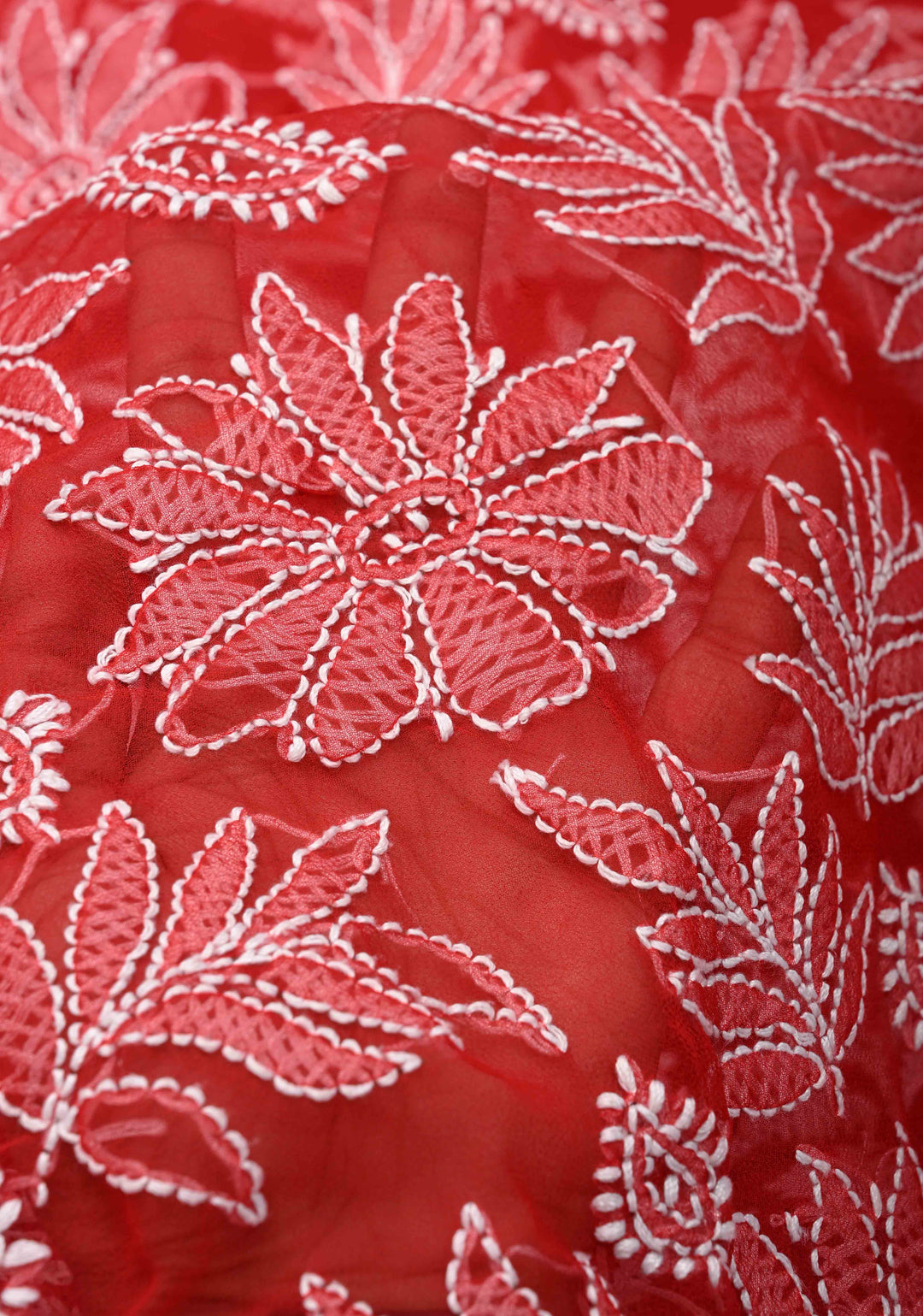 Authentic Red Hand-Embroidered Full Jaal Chikankari Georgette Saree with Lace Border