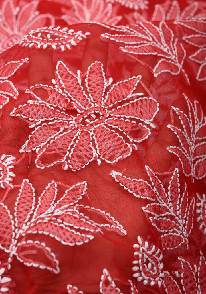 Authentic Red Hand-Embroidered Full Jaal Chikankari Georgette Saree with Lace Border