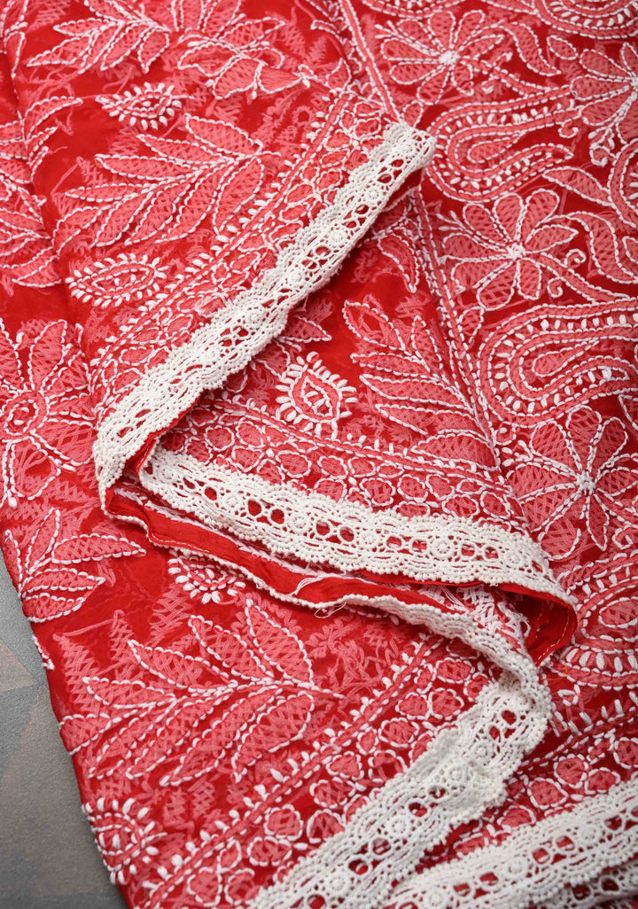 Authentic Red Hand-Embroidered Full Jaal Chikankari Georgette Saree with Lace Border