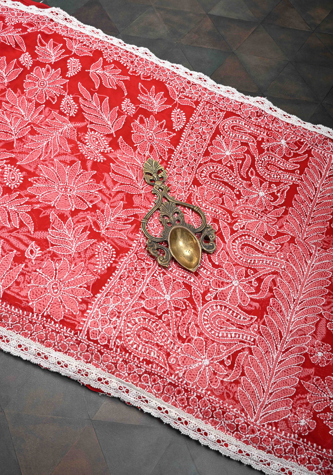 Authentic Red Hand-Embroidered Full Jaal Chikankari Georgette Saree with Lace Border