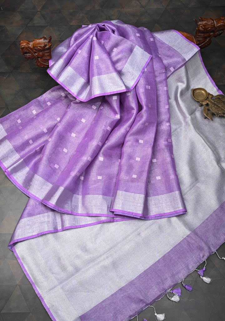 Hand Embroidery Motifs on Tissue Linen Saree in Lavender with Silver Tissue