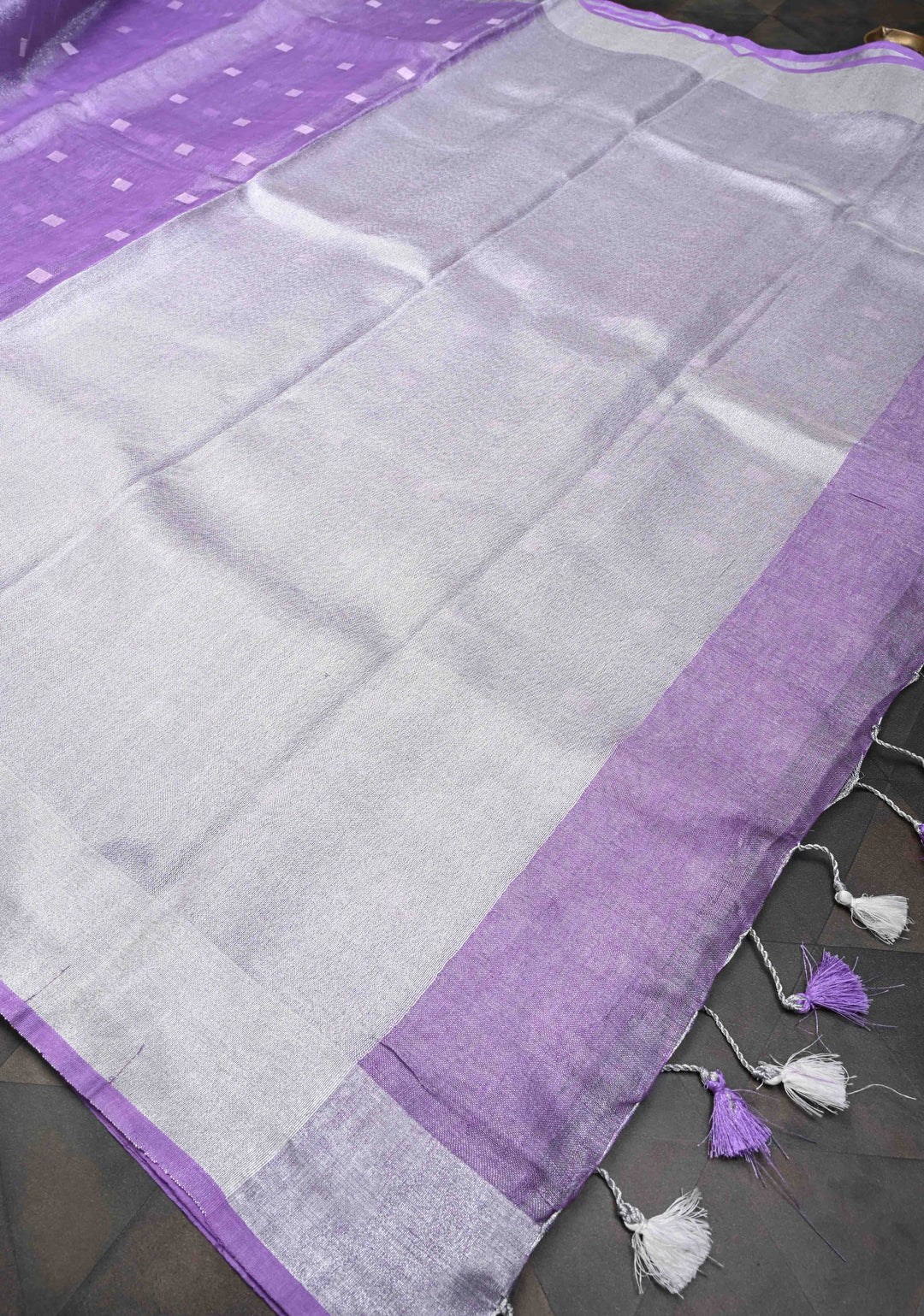 Hand Embroidery Motifs on Tissue Linen Saree in Lavender with Silver Tissue