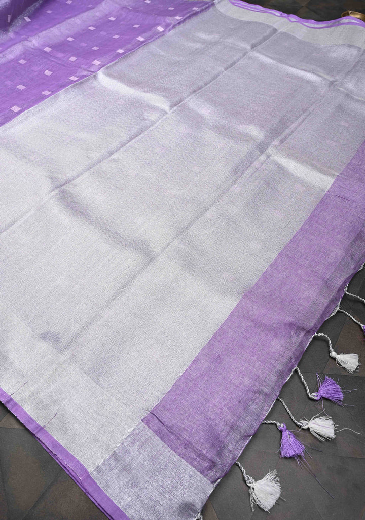 Hand Embroidery Motifs on Tissue Linen Saree in Lavender with Silver Tissue