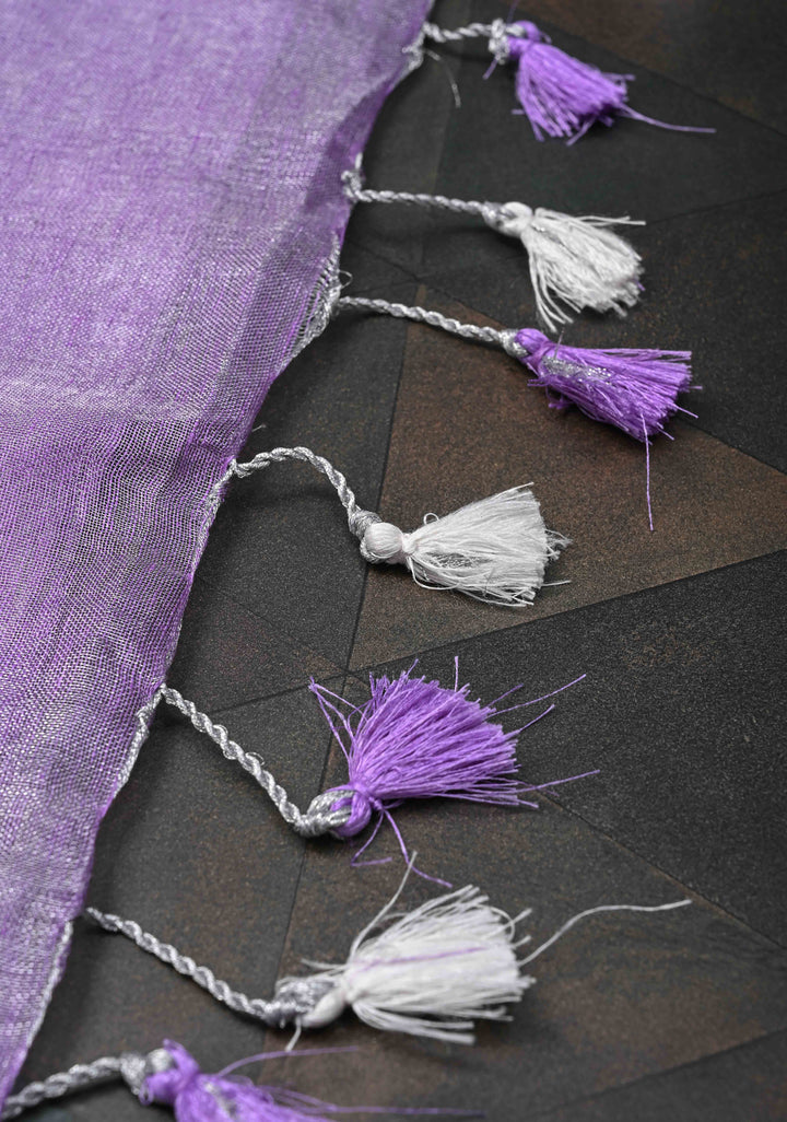 Hand Embroidery Motifs on Tissue Linen Saree in Lavender with Silver Tissue