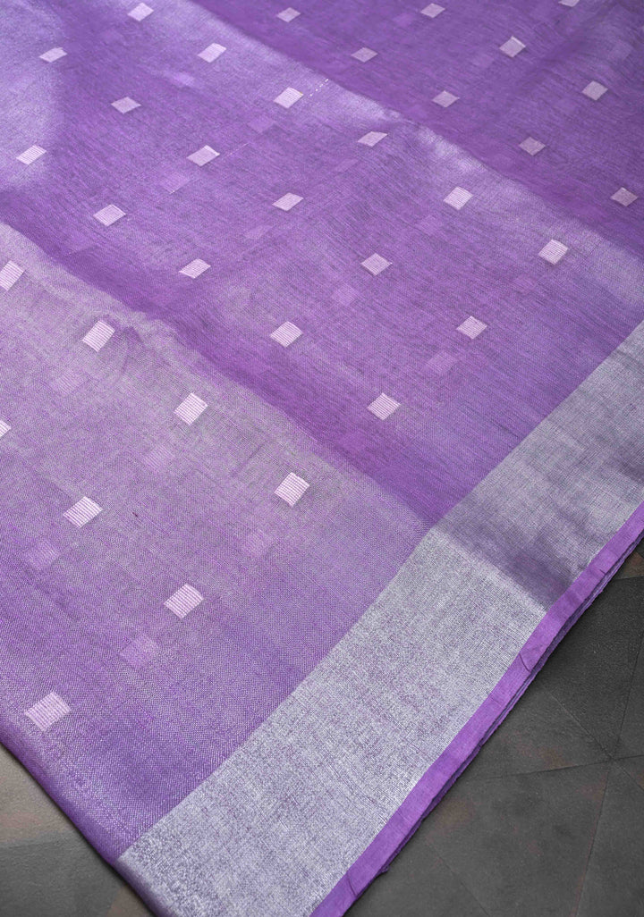 Hand Embroidery Motifs on Tissue Linen Saree in Lavender with Silver Tissue