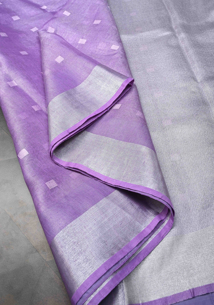 Hand Embroidery Motifs on Tissue Linen Saree in Lavender with Silver Tissue