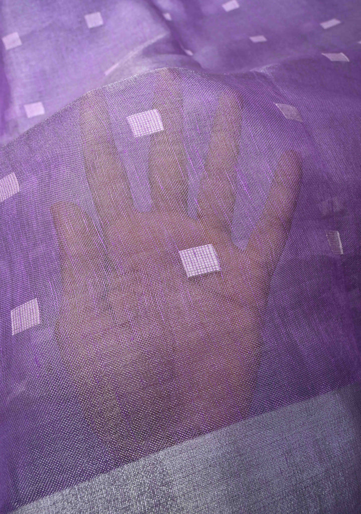Hand Embroidery Motifs on Tissue Linen Saree in Lavender with Silver Tissue