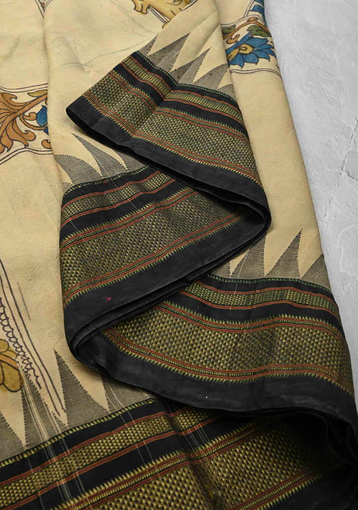 Contemporary Half and Half Beige Pen Kalamkari on Pure Kanjivaram Silk Saree with Temple Zari Border| SILK MARK CERTIFIED