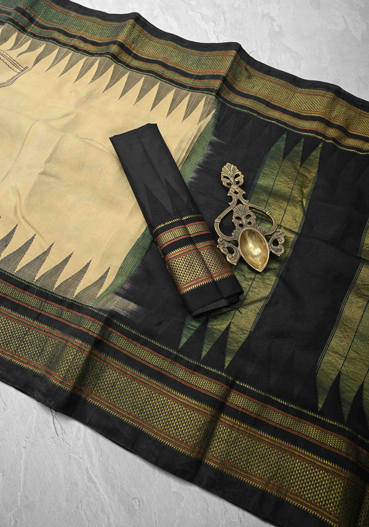 Contemporary Half and Half Beige Pen Kalamkari on Pure Kanjivaram Silk Saree with Temple Zari Border| SILK MARK CERTIFIED