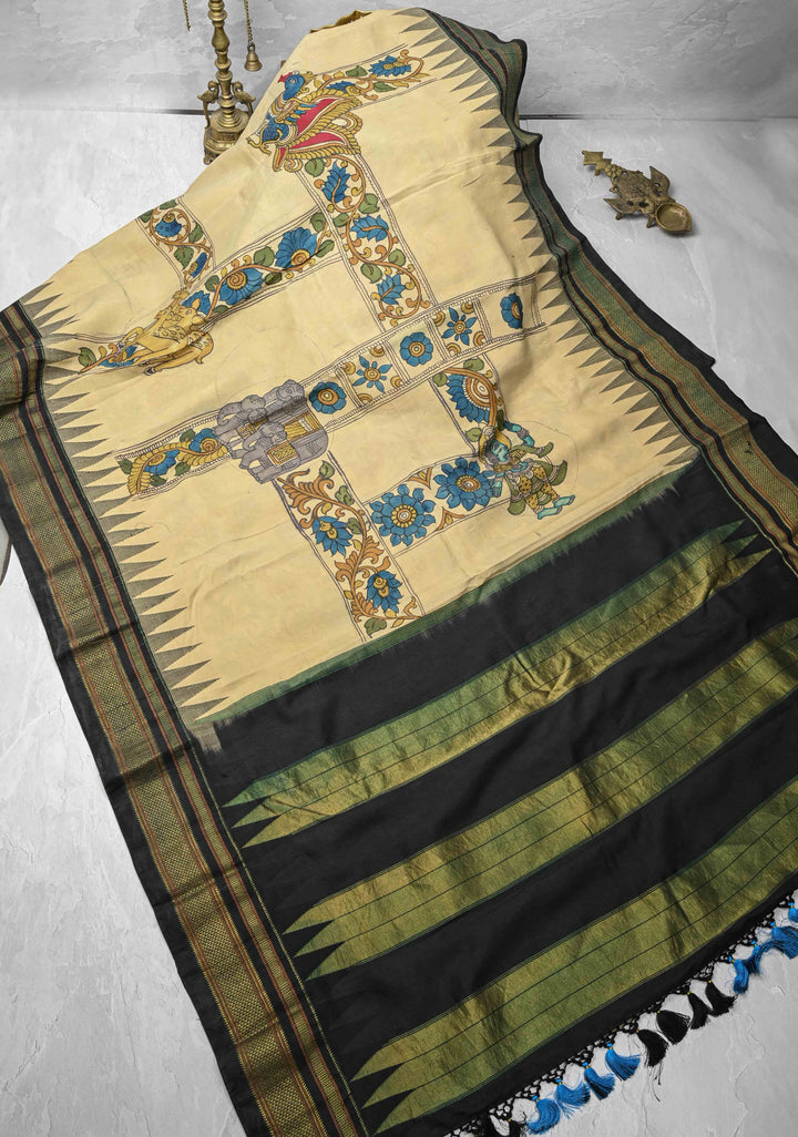 Contemporary Half and Half Beige Pen Kalamkari on Pure Kanjivaram Silk Saree with Temple Zari Border| SILK MARK CERTIFIED