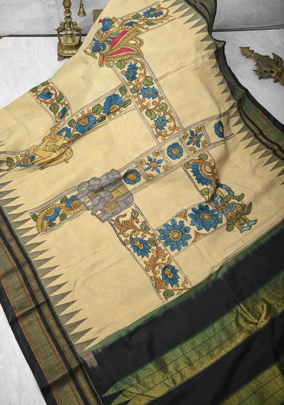 Contemporary Half and Half Beige Pen Kalamkari on Pure Kanjivaram Silk Saree with Temple Zari Border| SILK MARK CERTIFIED