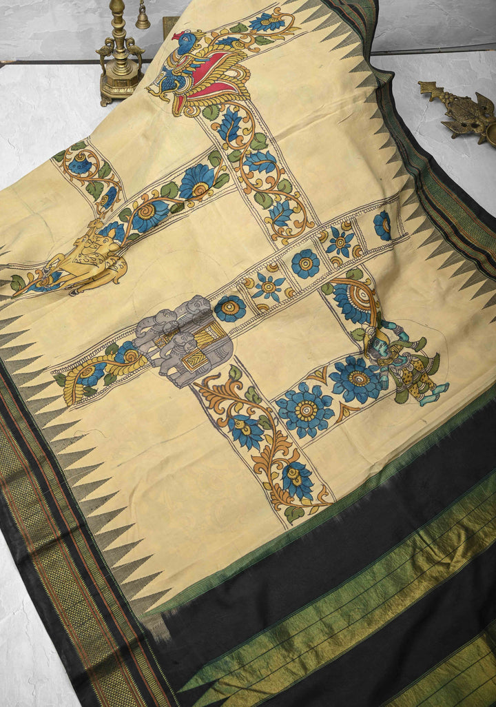 Contemporary Half and Half Beige Pen Kalamkari on Pure Kanjivaram Silk Saree with Temple Zari Border| SILK MARK CERTIFIED