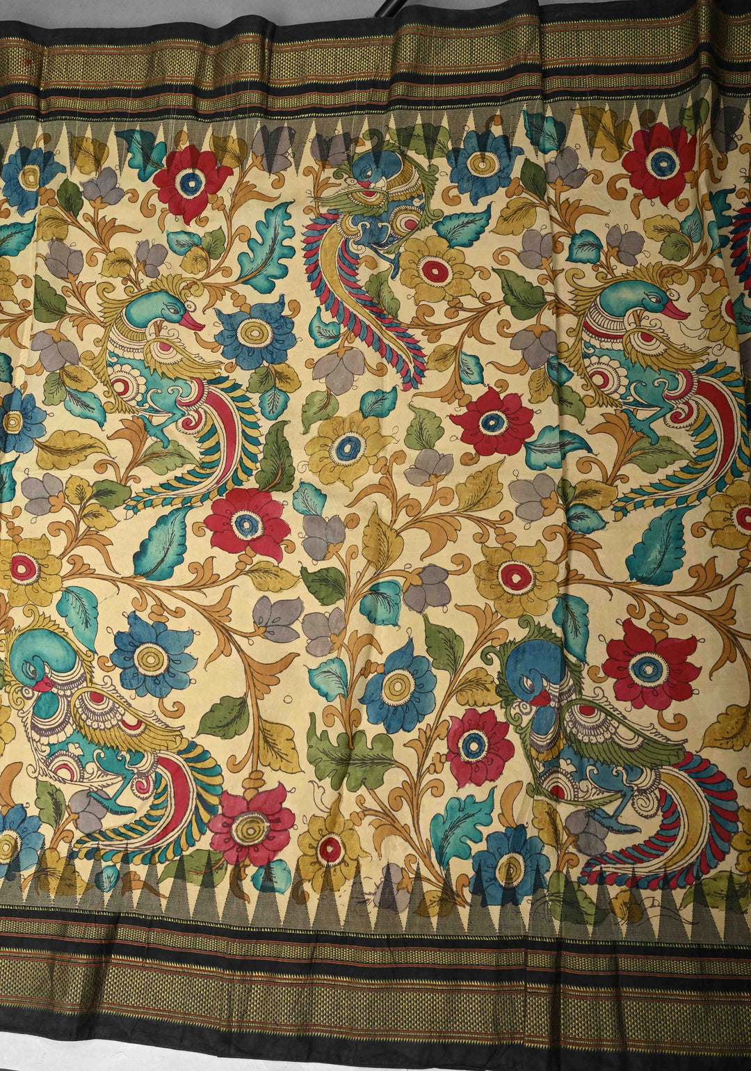 Contemporary Half and Half Beige Pen Kalamkari on Pure Kanjivaram Silk Saree with Temple Zari Border| SILK MARK CERTIFIED