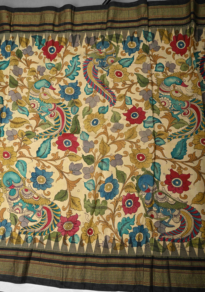 Contemporary Half and Half Beige Pen Kalamkari on Pure Kanjivaram Silk Saree with Temple Zari Border| SILK MARK CERTIFIED