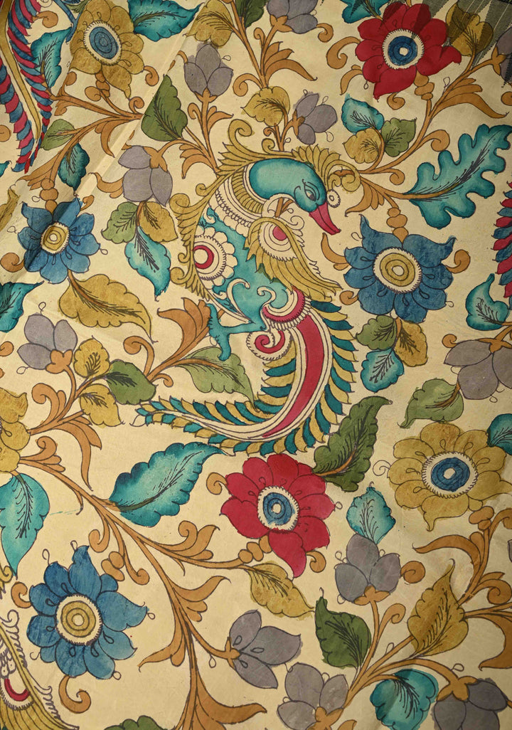 Contemporary Half and Half Beige Pen Kalamkari on Pure Kanjivaram Silk Saree with Temple Zari Border| SILK MARK CERTIFIED