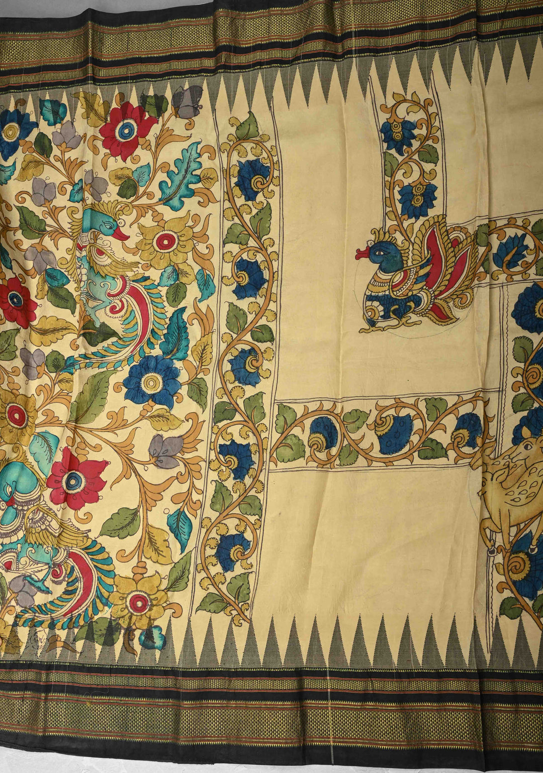 Contemporary Half and Half Beige Pen Kalamkari on Pure Kanjivaram Silk Saree with Temple Zari Border| SILK MARK CERTIFIED
