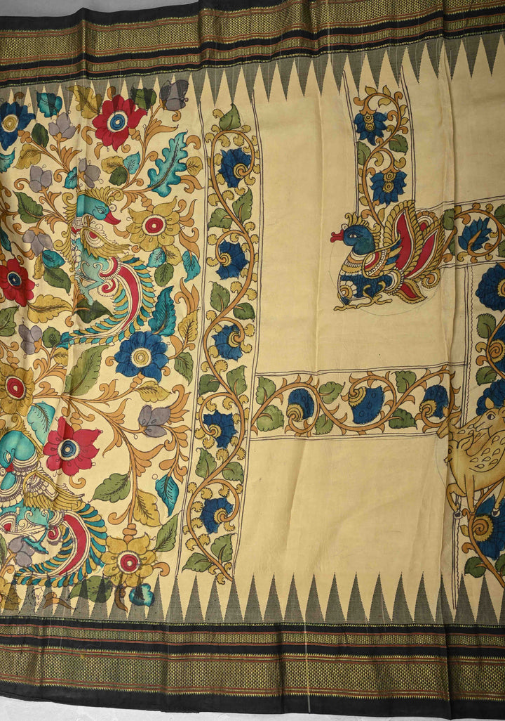 Contemporary Half and Half Beige Pen Kalamkari on Pure Kanjivaram Silk Saree with Temple Zari Border| SILK MARK CERTIFIED