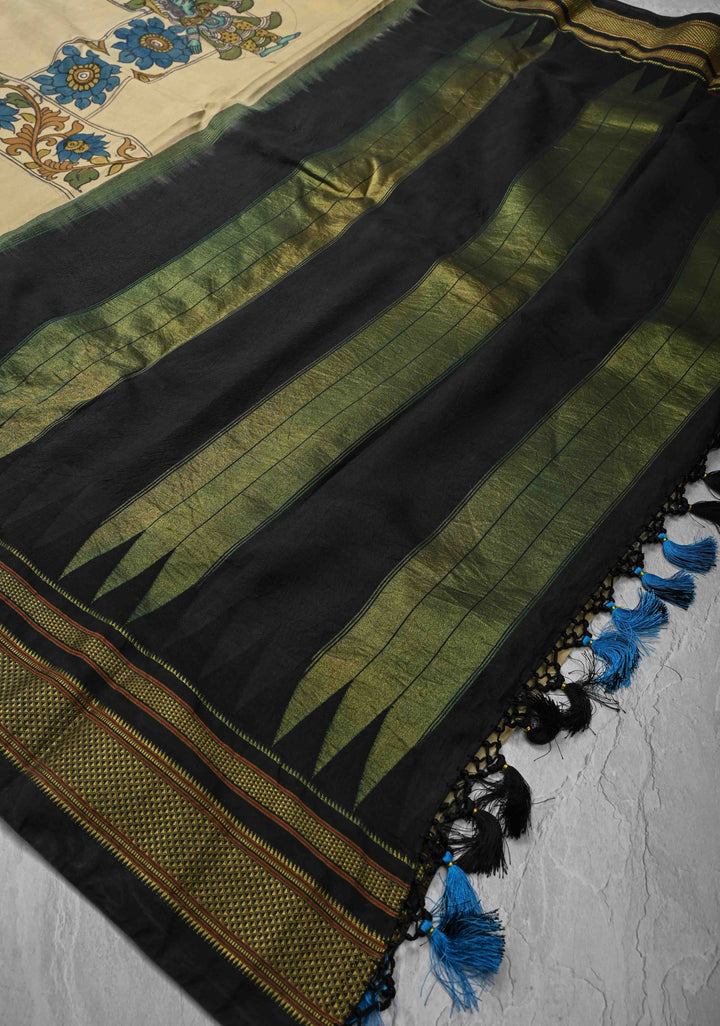 Contemporary Half and Half Beige Pen Kalamkari on Pure Kanjivaram Silk Saree with Temple Zari Border| SILK MARK CERTIFIED