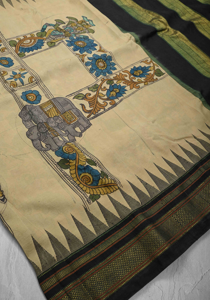 Contemporary Half and Half Beige Pen Kalamkari on Pure Kanjivaram Silk Saree with Temple Zari Border| SILK MARK CERTIFIED