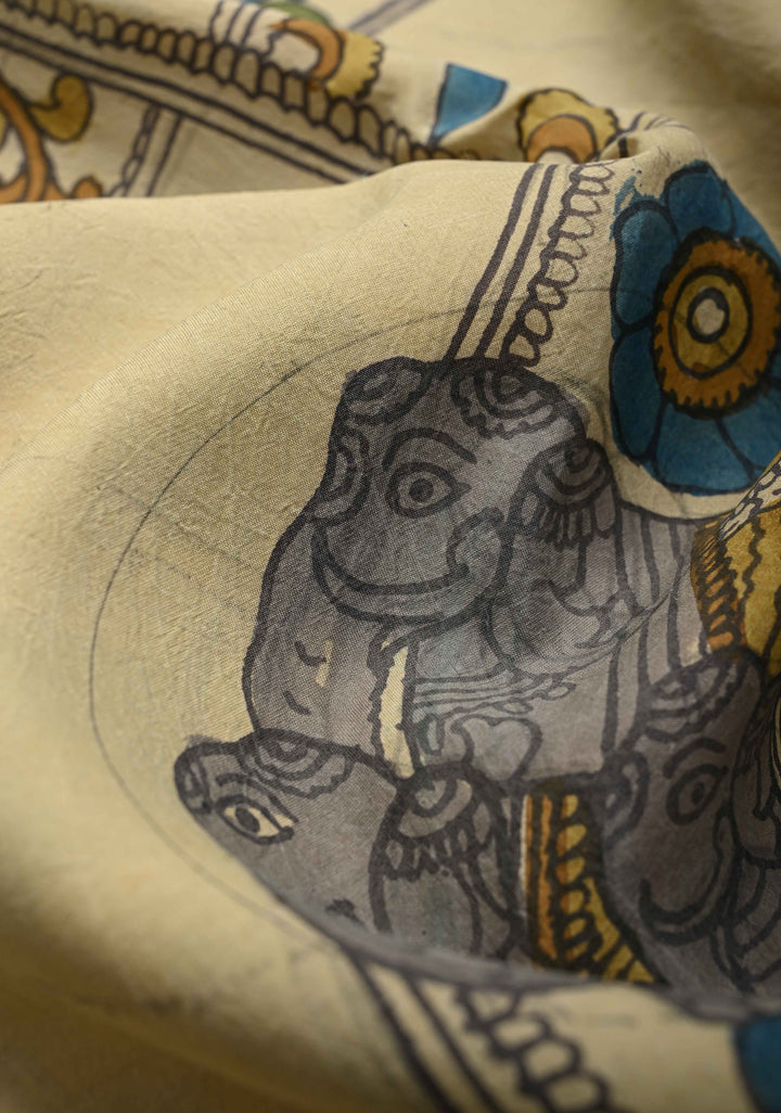 Contemporary Half and Half Beige Pen Kalamkari on Pure Kanjivaram Silk Saree with Temple Zari Border| SILK MARK CERTIFIED