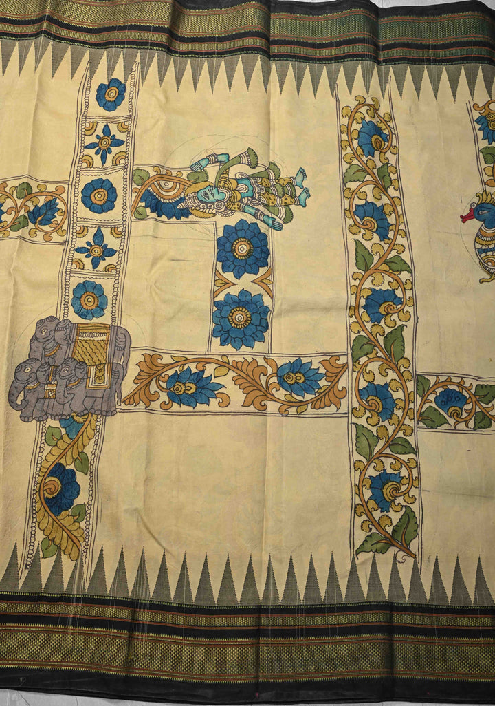 Contemporary Half and Half Beige Pen Kalamkari on Pure Kanjivaram Silk Saree with Temple Zari Border| SILK MARK CERTIFIED