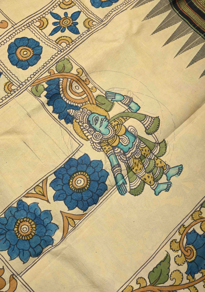 Contemporary Half and Half Beige Pen Kalamkari on Pure Kanjivaram Silk Saree with Temple Zari Border| SILK MARK CERTIFIED