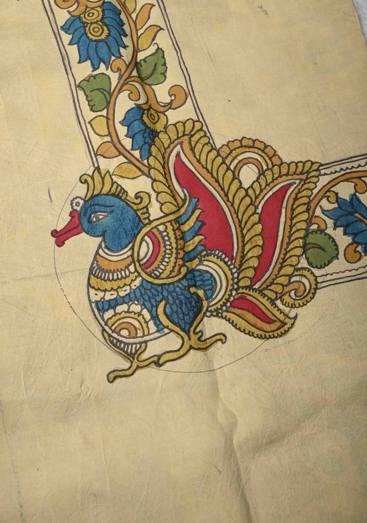 Contemporary Half and Half Beige Pen Kalamkari on Pure Kanjivaram Silk Saree with Temple Zari Border| SILK MARK CERTIFIED