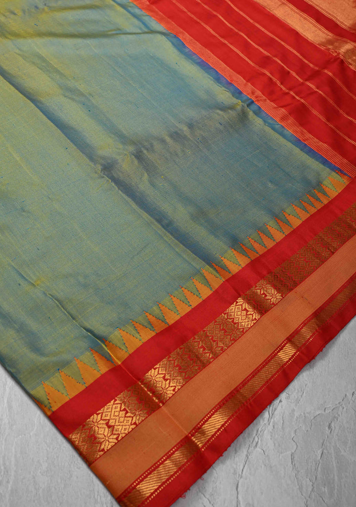 Green & Blue Dual Tone Gadwal Silk Cotton Saree With Contrast Zari Border