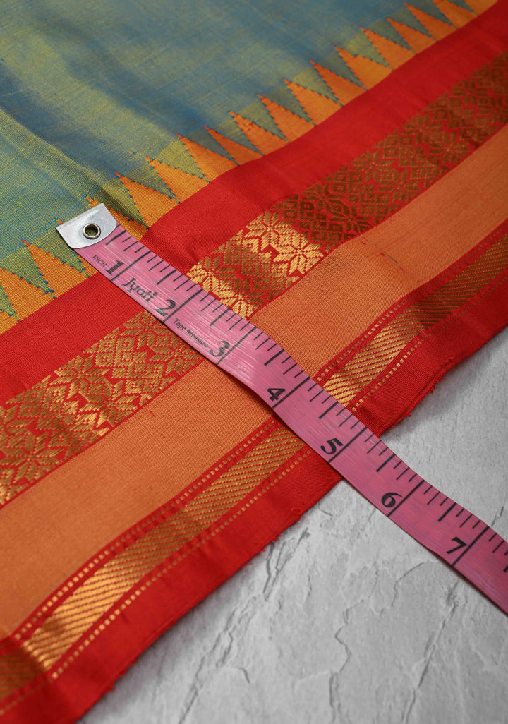 Green & Blue Dual Tone Gadwal Silk Cotton Saree With Contrast Zari Border