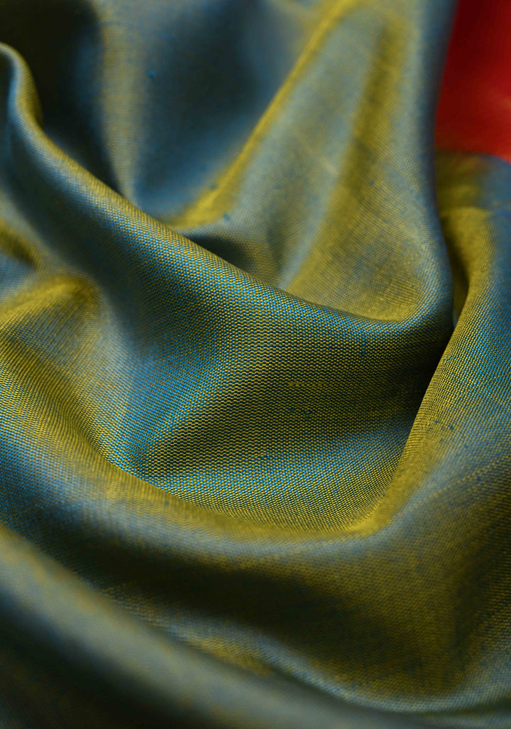Green & Blue Dual Tone Gadwal Silk Cotton Saree With Contrast Zari Border