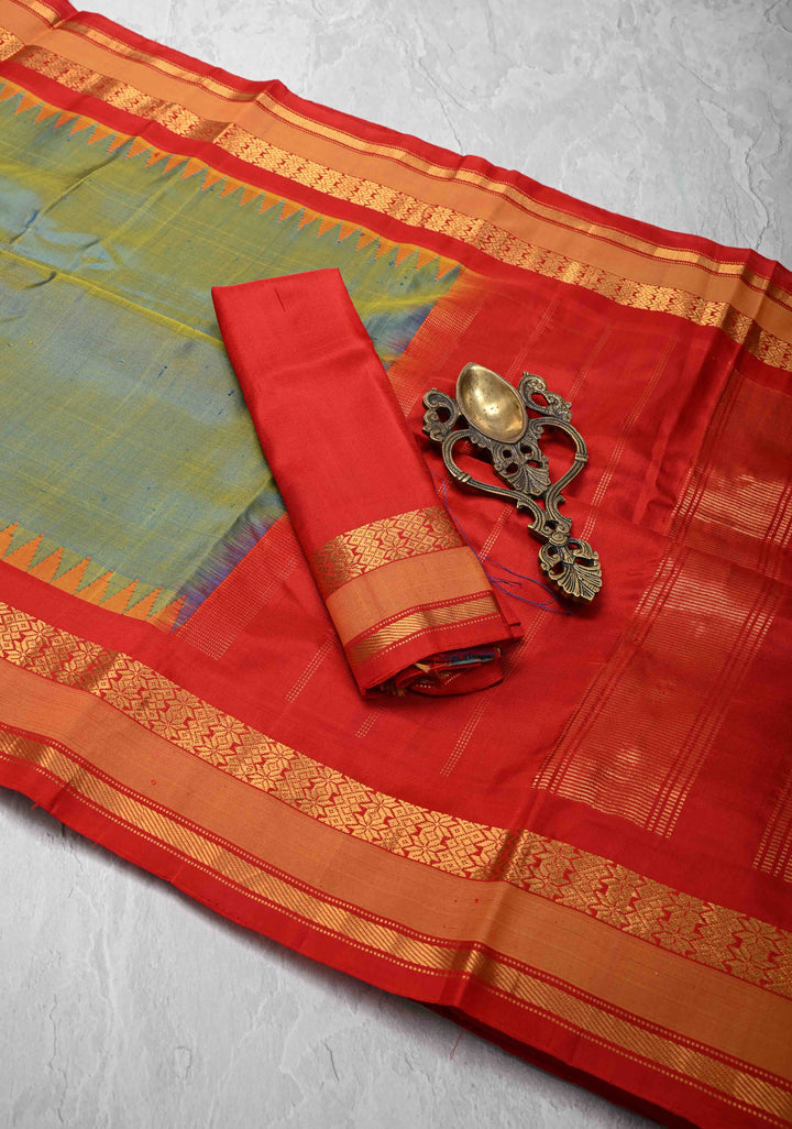 Green & Blue Dual Tone Gadwal Silk Cotton Saree With Contrast Zari Border